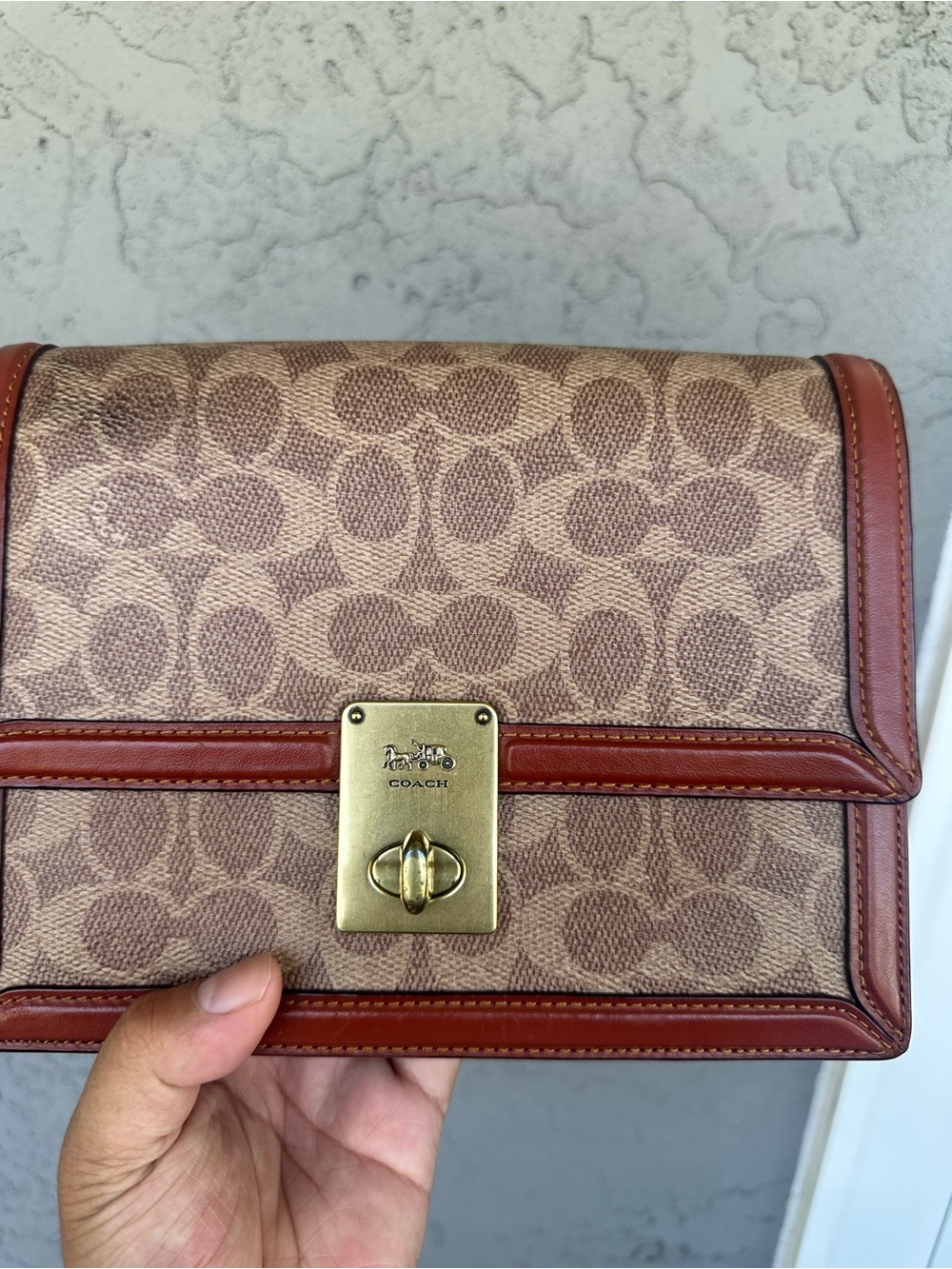 Coach Signature Canvas Crossbody in Brown and Tan with Gold Turn-Lock